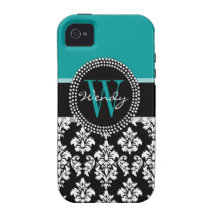Turquoise, Black Damask Initial Name iPhone 4 Case