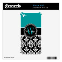 Turquoise, Black Damask Initial Name iPhone Skin Skin For iPhone 4S