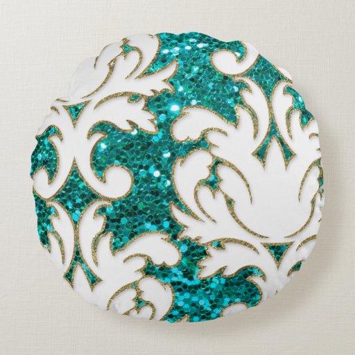 Turquoise Bling Damask Round Pillow Zazzle