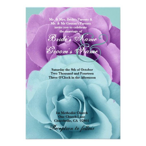 Turquoise  Blue and Purple Rose Wedding Template Personalized Invitations