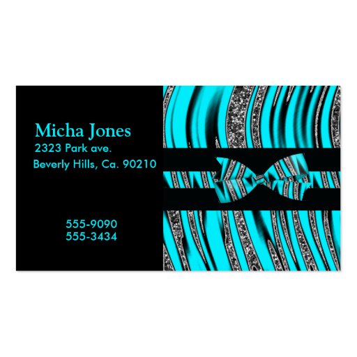Turquoise Blue & Black Zebra Glitter Stripes Business Card (front side)