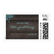 Turquoise Blue Brown Save the date postage stamp