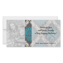 turquoise blue cream and brown lovely damask customized photo card