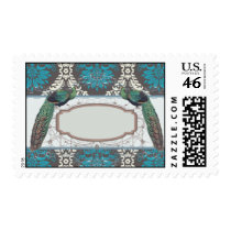 turquoise blue cream and brown peacock damask postage stamps
