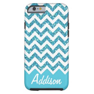 Turquoise Blue Glitter Chevron Name BLING Case Tough iPhone 6 Case