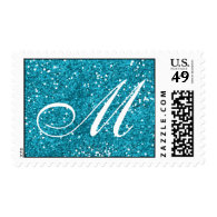 Turquoise Blue Glitter  Custom Monogram Postage Stamp