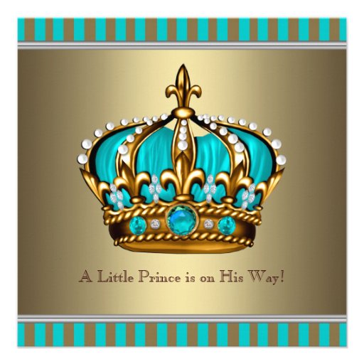 Turquoise Blue Gold Prince Baby Shower Custom Invite