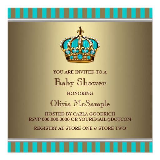 Turquoise Blue Gold Prince Baby Shower Custom Invite