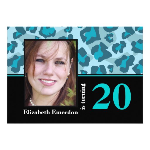 Turquoise blue leopard print 20th birthday photo personalized invite