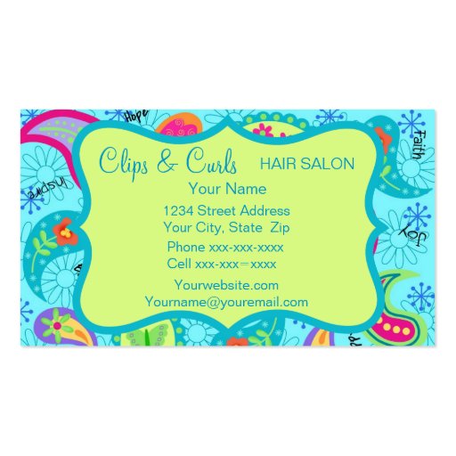 Turquoise Blue Lime Green Modern Paisley Pattern Business Card Templates (back side)