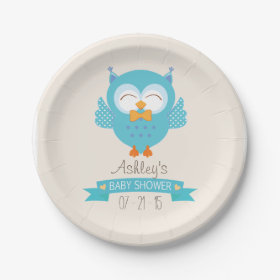 Turquoise Blue & Purple Boy Owl Baby Shower 7 Inch Paper Plate