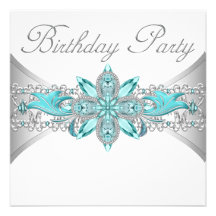 Turquoise Blue Silver Birthday Party Invitations