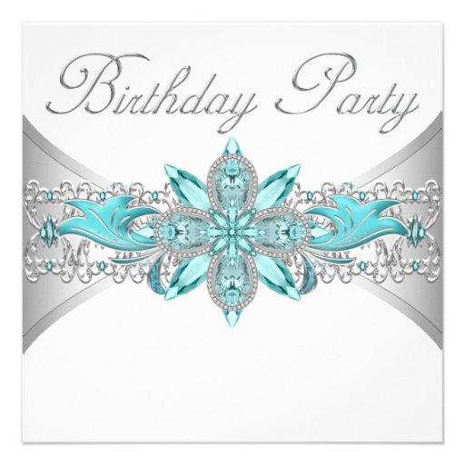 Turquoise Blue Silver Birthday Party Invitations (front side)