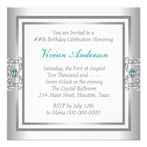 Turquoise Blue Silver Birthday Party Invitations