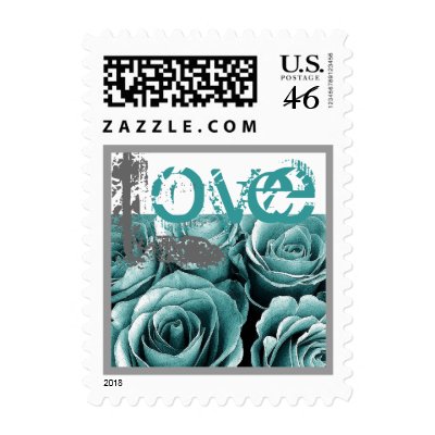 TURQUOISE BLUE SILVER Love Rose Wedding Stamp by JaclinArt