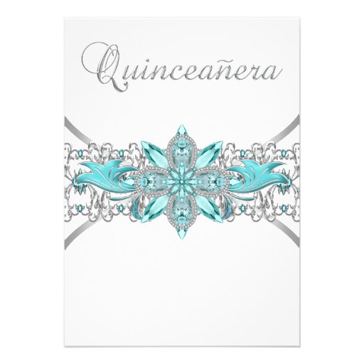 Turquoise Blue Silver Quinceanera Invitations (front side)