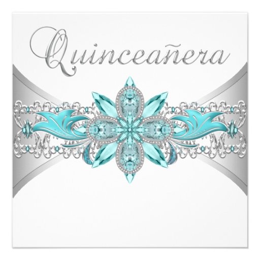 Turquoise Blue Silver Quinceanera Invitations (front side)