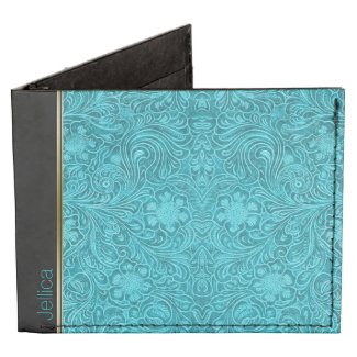 Turquoise Blue Suede Leather Look Floral Design Tyvek® Billfold Wallet