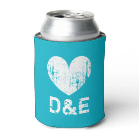 Turquoise blue wedding can cooler with cute heart
