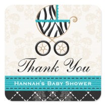 Turquoise Blue Zebra Baby Carriage Thank You stickers