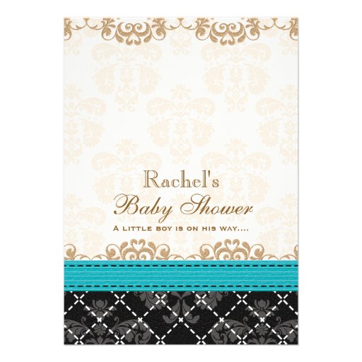 Turquoise Blue Zebra Print Carriage Baby Shower Custom Invites