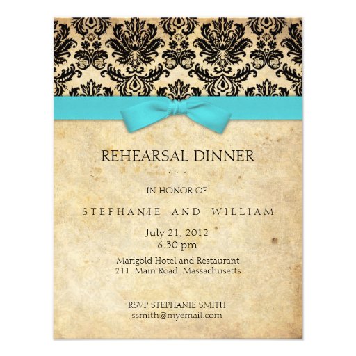 Turquoise Bow Damask Rehearsal Dinner Invitation