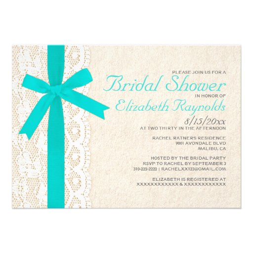 Turquoise Bow & Lace Bridal Shower Invitations