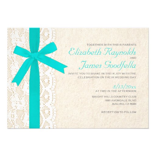 Turquoise Bow & Lace Wedding Invitations