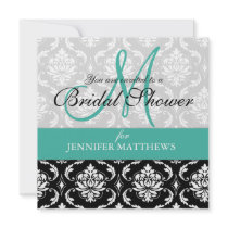 Turquoise Bridal Shower Invitation Damask Monogram