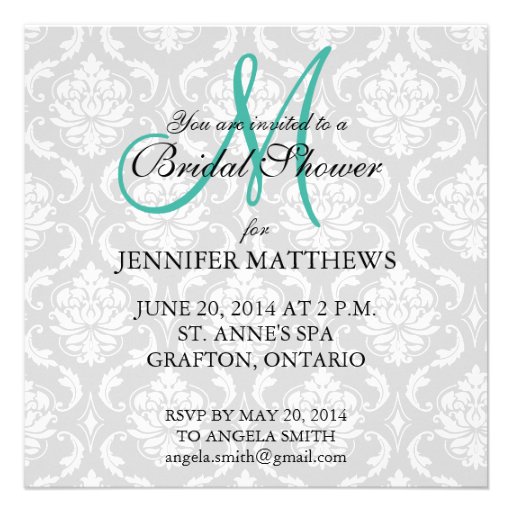 Turquoise Bridal Shower Invitation Damask Monogram