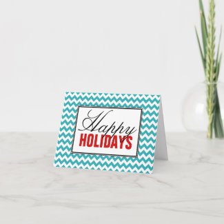 Turquoise Chevron and Red Happy Holidays Card