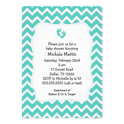 Turquoise Chevron Baby Shower Invitation with feet (front side)