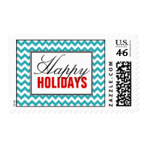 Turquoise Chevron Red Happy Holidays Postage