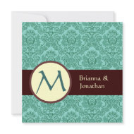Turquoise Chocolate Damask Monogram Wedding Invite invitation