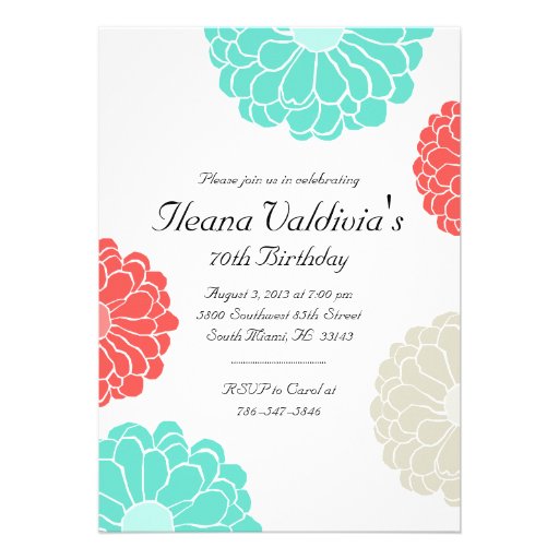 Turquoise Coral Zinnia Flower Birthday Invitation