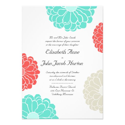 Turquoise & Coral Zinnia Flower Wedding Invitation (front side)
