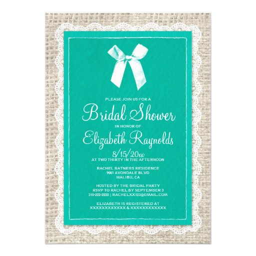 Turquoise Country Burlap Bridal Shower Invitations