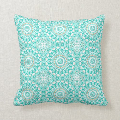 Turquoise & Cream Kaleidoscope Flowers Design Throw Pillows