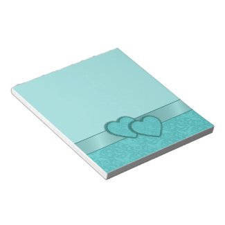 Turquoise Damask Hearts and Ribbon Notepad