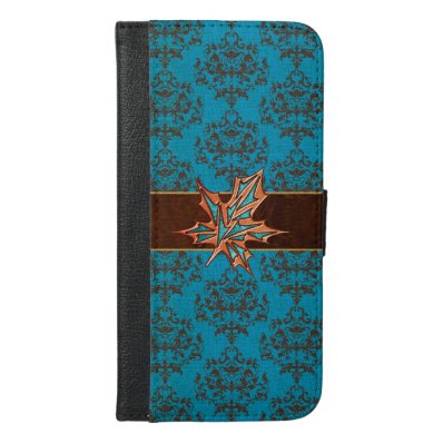 Turquoise Damask Leaf iPhone 6 Plus Wallet Case