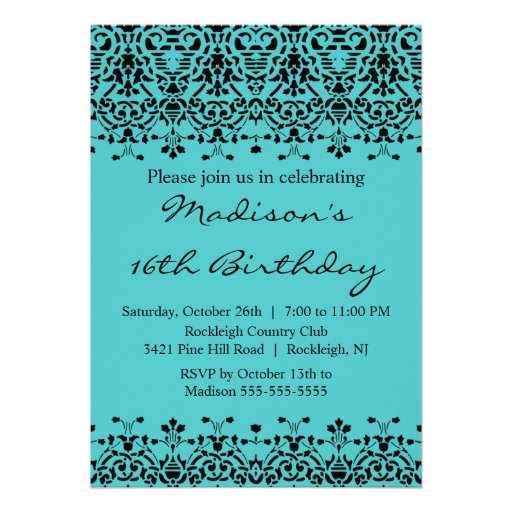 Turquoise Damask Sweet Sixteen Birthday Invitation