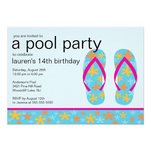 Turquoise Floral Flip Flops Pool Party Invitation