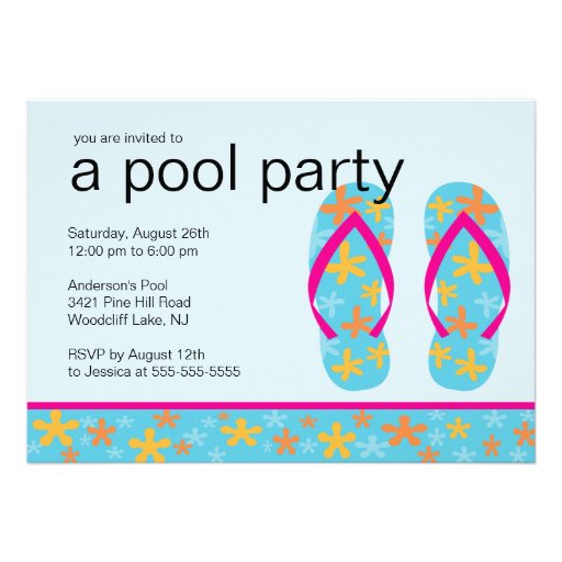 Turquoise Floral Flip Flops Pool Party Invitation