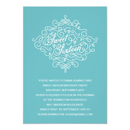 Turquoise Flourish Sweet Sixteen Birthday Party Card (front side)