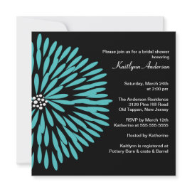 Turquoise Flower on Black Bridal Shower Invitation invitation