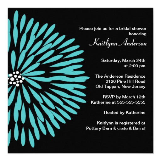 Turquoise Flower on Black Bridal Shower Invitation