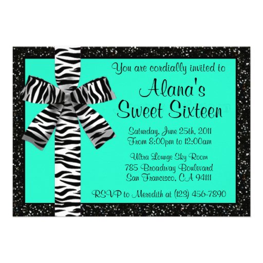 Turquoise Glitter Invite With Zebra Print Bow