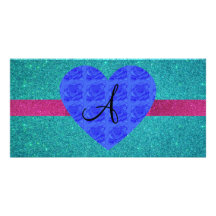 Turquoise glitter monogram blue roses photo greeting card