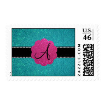 Turquoise glitter monogram diamonds pink stamps