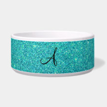 Turquoise glitter monogram dog food bowls